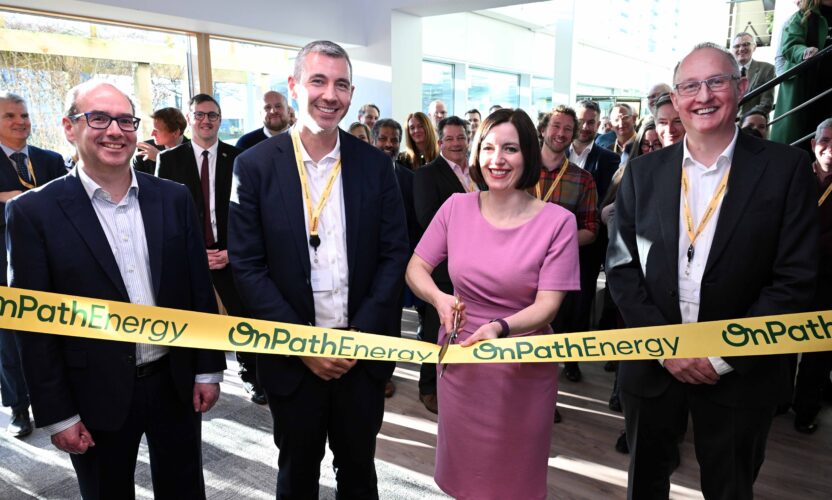 Bridget Phillipson MP cutting the ribbon to officially opening OnPath Energy’s Chase House headquarters in Sunderland, with (from left) OnPath Energy chief financial officer Simon Fisher, Simon Maine of Brookfield Asset Management and OnPath Energy CEO Richard Dunkley